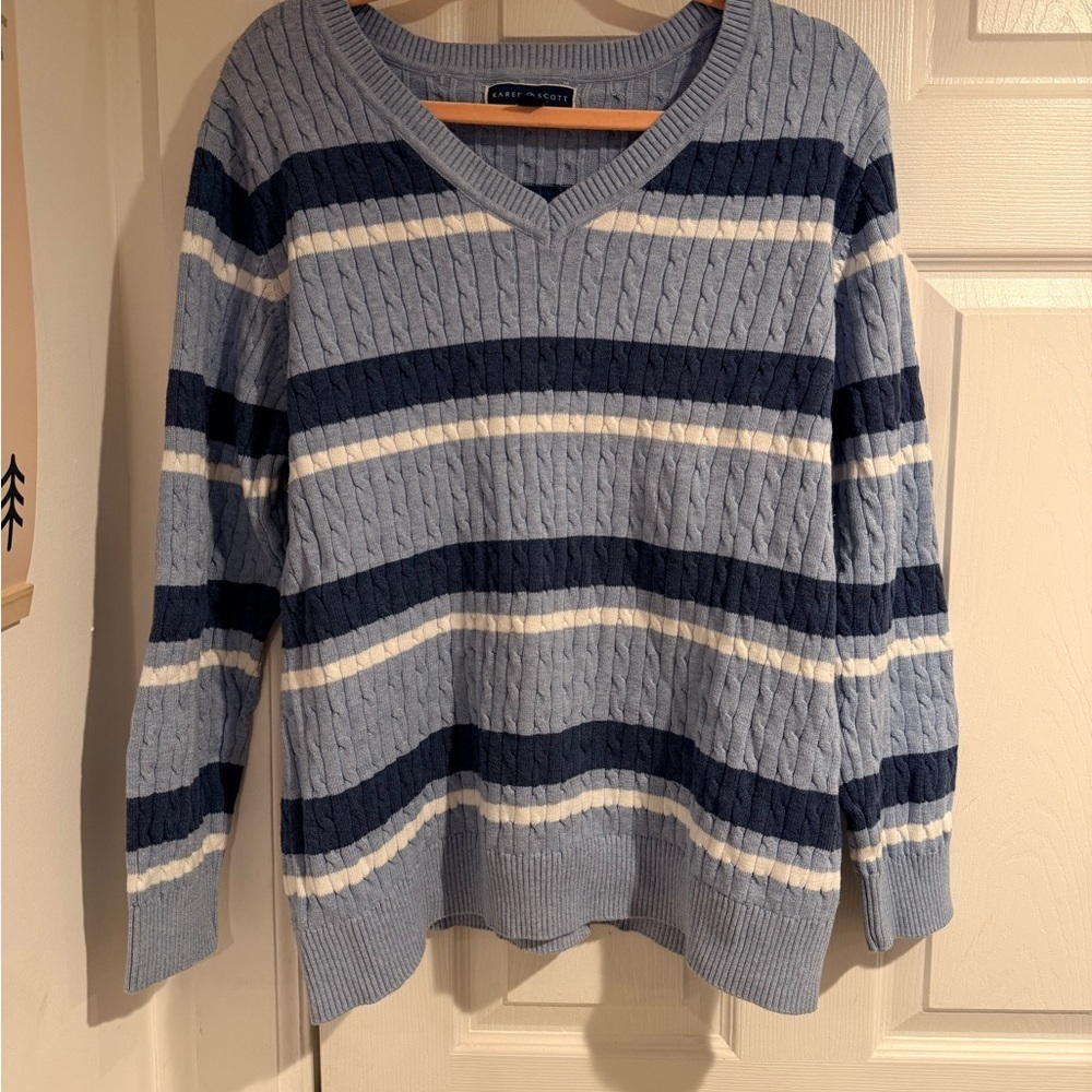 Karen Scott Blue and White Striped V-Neck Sweater